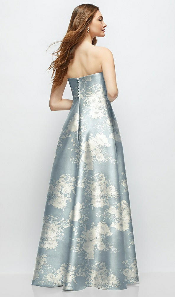 Back View - Porcelain Blue Seraphina Floral Strapless Floral Satin Gown with Full Skirt and Covered Buttons at Back