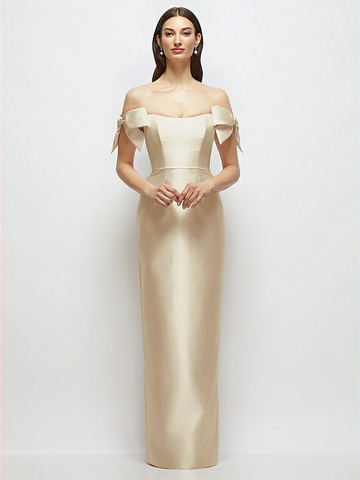 Basque-Neck Satin Column Maxi Dress with Off-the-Shoulder Bows