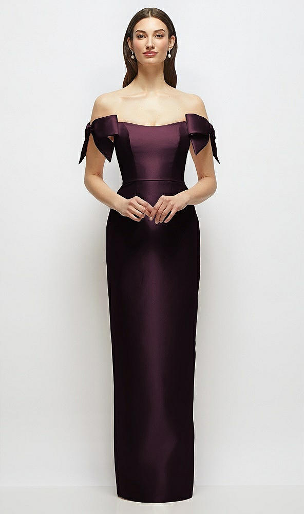 Front View - Deep Plum Basque-Neck Satin Column Maxi Dress with Off-the-Shoulder Bows