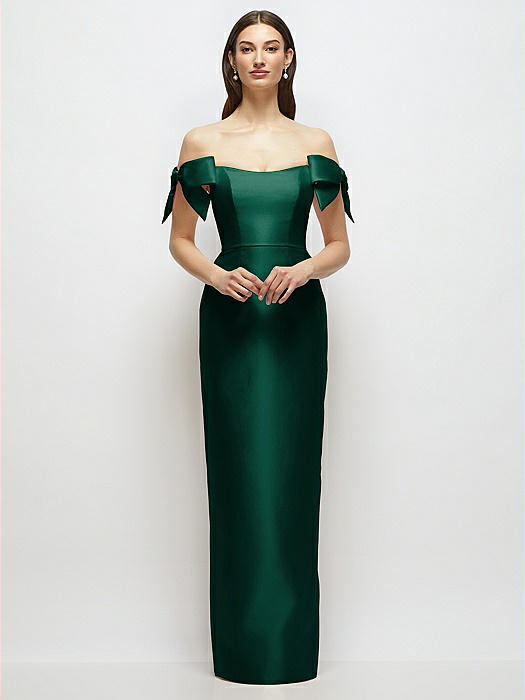 Basque-Neck Satin Column Maxi Dress with Off-the-Shoulder Bows