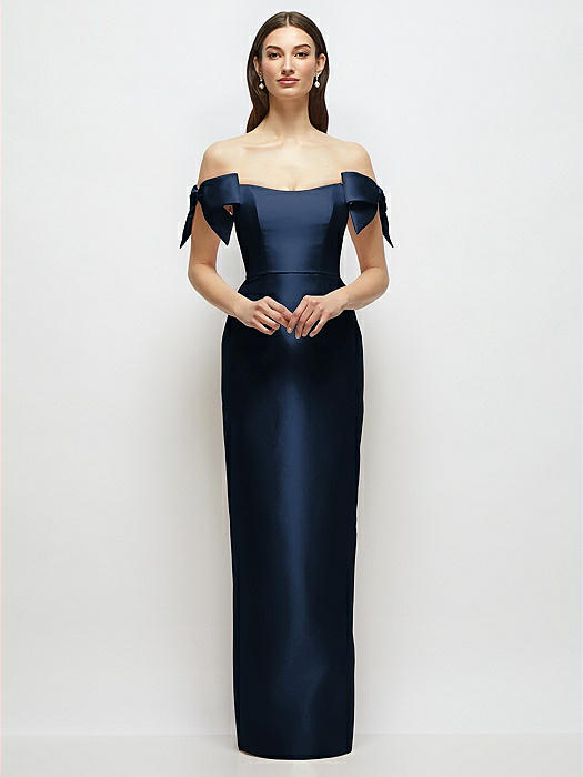 Basque-Neck Satin Column Maxi Dress with Off-the-Shoulder Bows