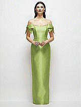Front View Thumbnail - Mojito Basque-Neck Satin Column Maxi Dress with Off-the-Shoulder Bows