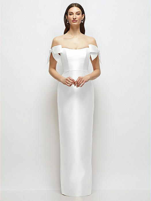 Basque-Neck Satin Column Maxi Dress with Off-the-Shoulder Bows
