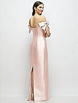 Rear View Thumbnail - Blush Basque-Neck Satin Column Maxi Dress with Off-the-Shoulder Bows