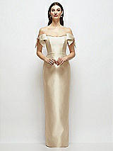 Front View Thumbnail - Champagne Basque-Neck Satin Column Maxi Dress with Off-the-Shoulder Bows