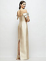 Rear View Thumbnail - Champagne Basque-Neck Satin Column Maxi Dress with Off-the-Shoulder Bows