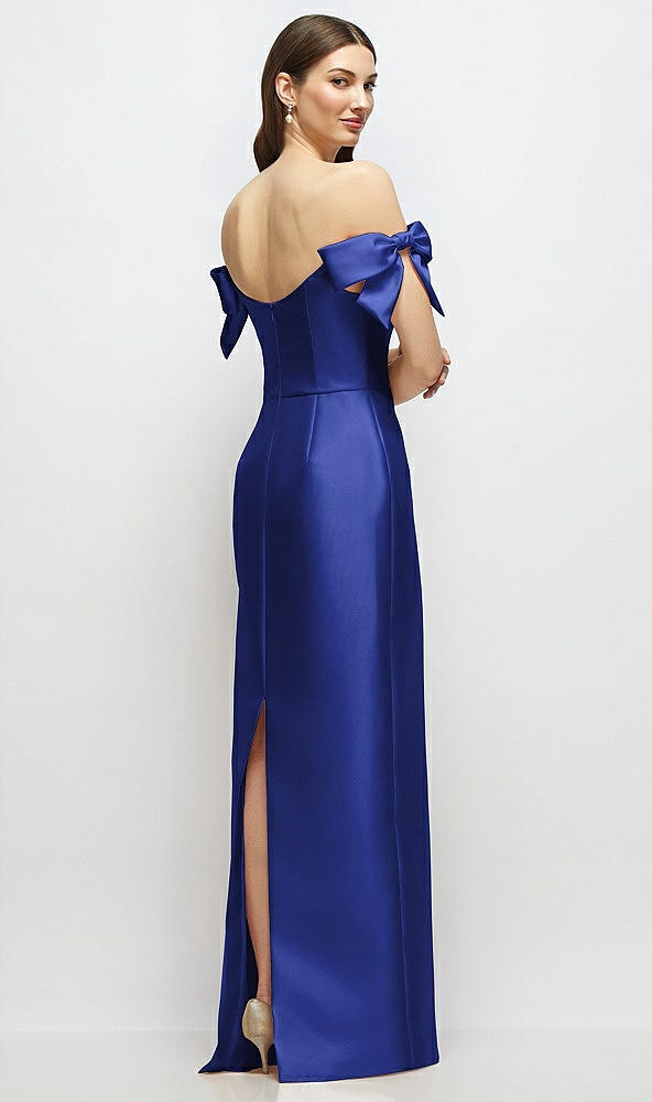 Back View - Cobalt Blue Basque-Neck Satin Column Maxi Dress with Off-the-Shoulder Bows