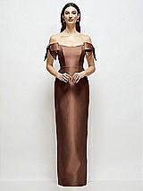 Front View Thumbnail - Cognac Basque-Neck Satin Column Maxi Dress with Off-the-Shoulder Bows