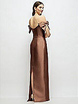 Rear View Thumbnail - Cognac Basque-Neck Satin Column Maxi Dress with Off-the-Shoulder Bows