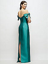 Rear View Thumbnail - Jade Basque-Neck Satin Column Maxi Dress with Off-the-Shoulder Bows