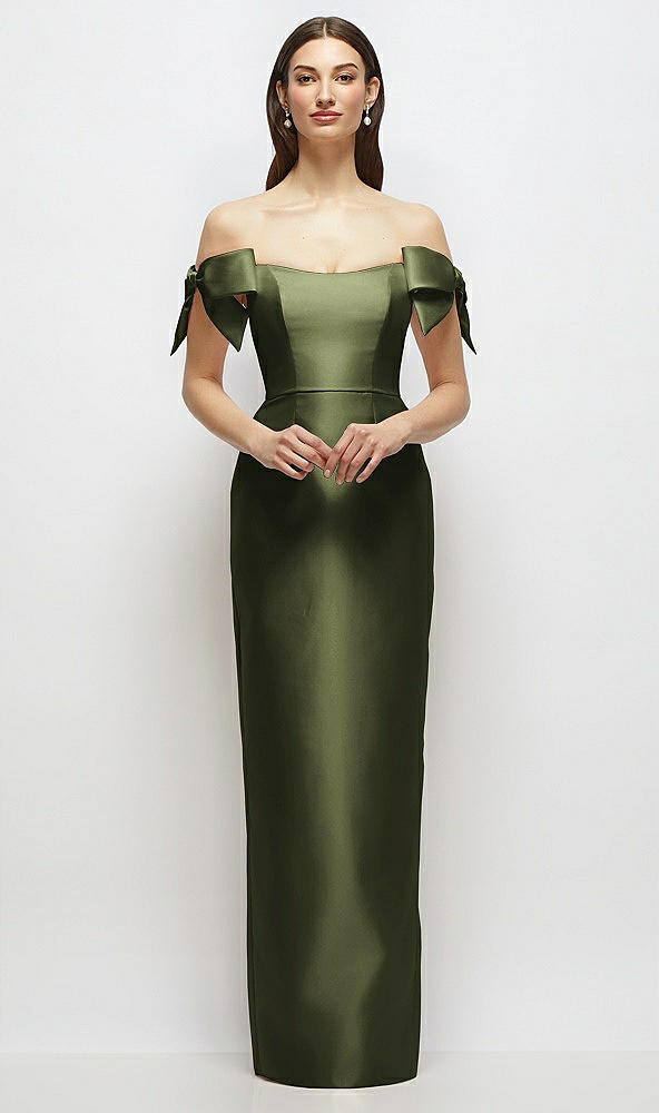Front View - Olive Green Basque-Neck Satin Column Maxi Dress with Off-the-Shoulder Bows