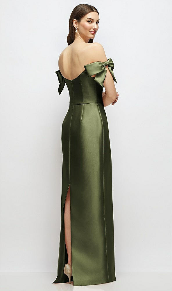 Back View - Olive Green Basque-Neck Satin Column Maxi Dress with Off-the-Shoulder Bows