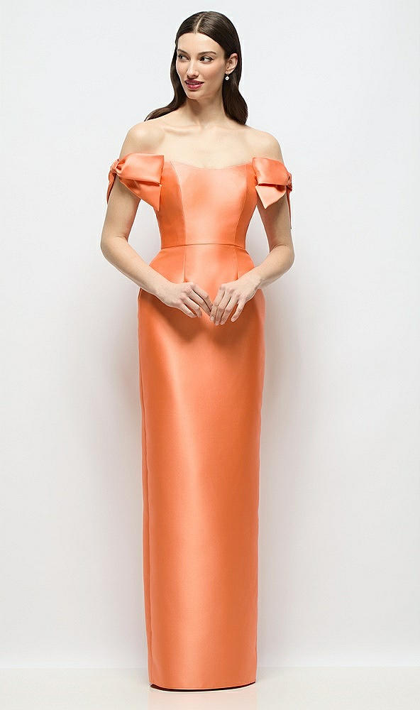 Front View - Portofino Orange Basque-Neck Satin Column Maxi Dress with Off-the-Shoulder Bows