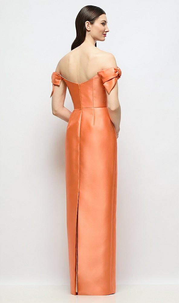 Back View - Portofino Orange Basque-Neck Satin Column Maxi Dress with Off-the-Shoulder Bows