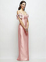 Side View Thumbnail - Rose Basque-Neck Satin Column Maxi Dress with Off-the-Shoulder Bows