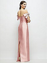 Rear View Thumbnail - Rose Basque-Neck Satin Column Maxi Dress with Off-the-Shoulder Bows