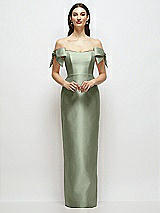 Front View Thumbnail - Sage Basque-Neck Satin Column Maxi Dress with Off-the-Shoulder Bows