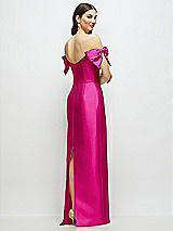 Rear View Thumbnail - Think Pink Basque-Neck Satin Column Maxi Dress with Off-the-Shoulder Bows