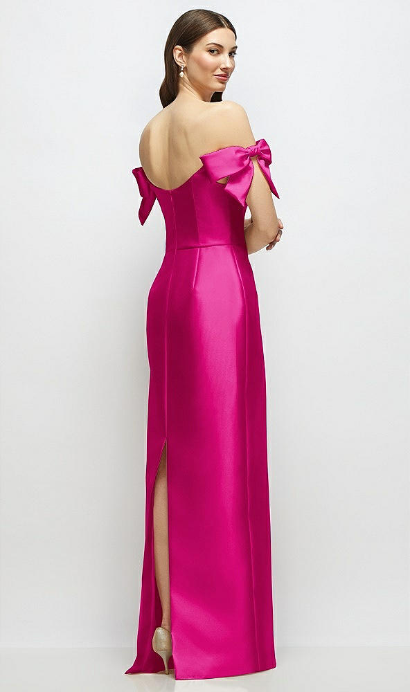 Back View - Think Pink Basque-Neck Satin Column Maxi Dress with Off-the-Shoulder Bows