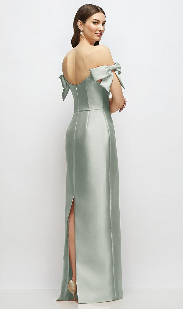 Back View - Willow Green Basque-Neck Satin Column Maxi Dress with Off-the-Shoulder Bows