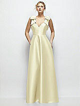 Front View Thumbnail - Butter Yellow Deep V-Neck Satin Ball Gown with Shoulder Bows