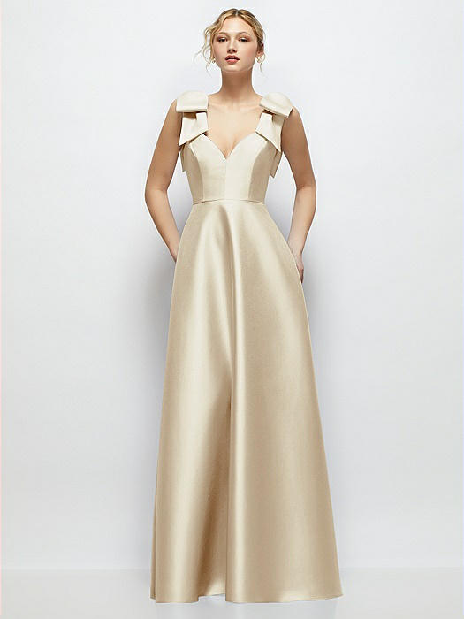 Deep V-Neck Satin Ball Gown with Shoulder Bows