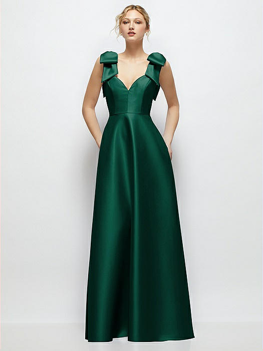 Deep V-Neck Satin Ball Gown with Shoulder Bows