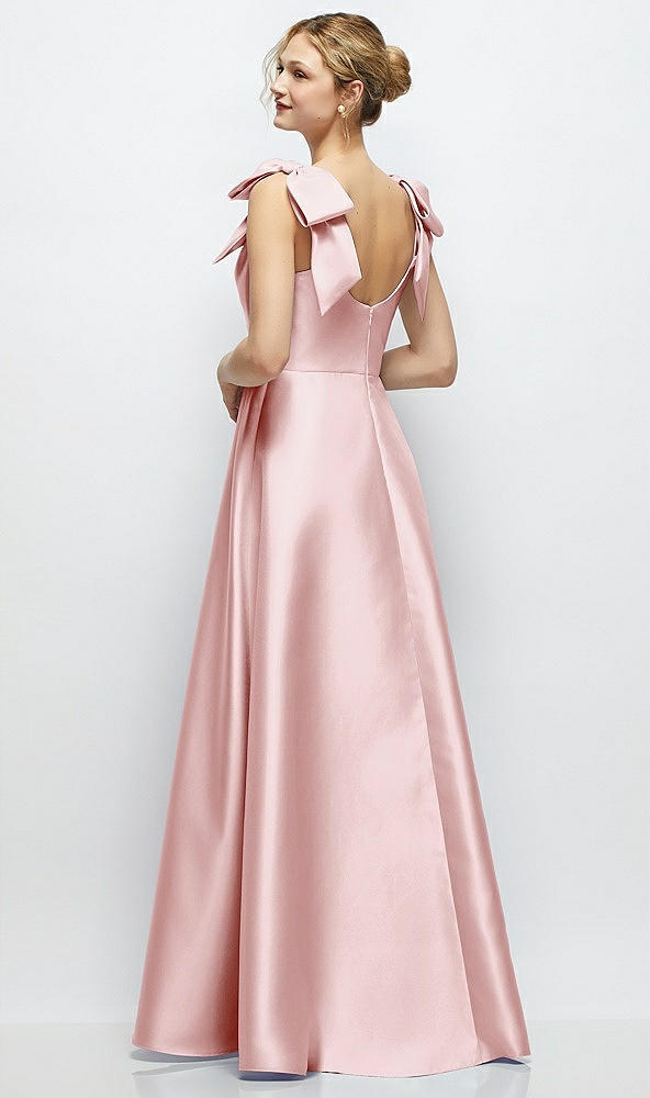 Back View - Ballet Pink Deep V-Neck Satin Ball Gown with Shoulder Bows