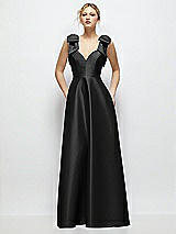 Front View Thumbnail - Black Deep V-Neck Satin Ball Gown with Shoulder Bows