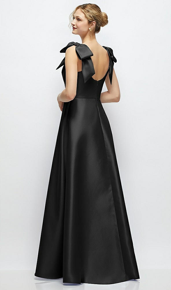 Back View - Black Deep V-Neck Satin Ball Gown with Shoulder Bows