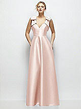 Front View Thumbnail - Blush Deep V-Neck Satin Ball Gown with Shoulder Bows
