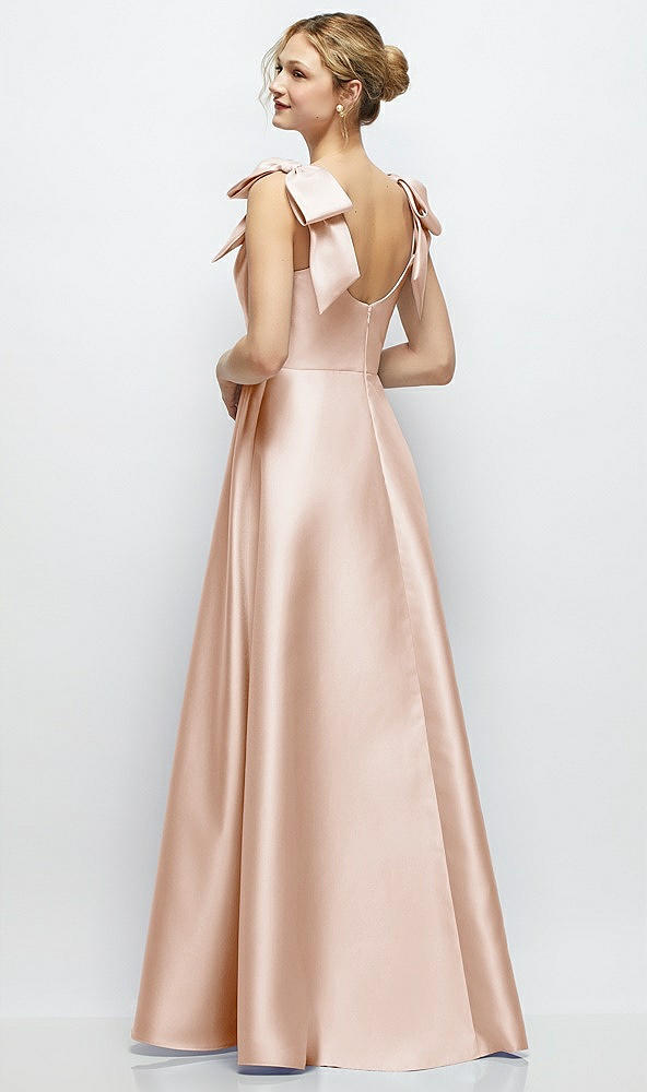 Back View - Cameo Deep V-Neck Satin Ball Gown with Shoulder Bows