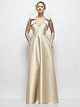 Front View Thumbnail - Champagne Deep V-Neck Satin Ball Gown with Shoulder Bows