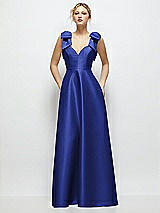 Front View Thumbnail - Cobalt Blue Deep V-Neck Satin Ball Gown with Shoulder Bows