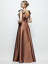 Rear View Thumbnail - Cognac Deep V-Neck Satin Ball Gown with Shoulder Bows