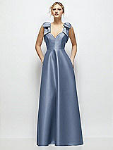 Front View Thumbnail - Larkspur Blue Deep V-Neck Satin Ball Gown with Shoulder Bows