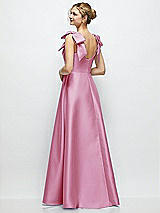 Rear View Thumbnail - Powder Pink Deep V-Neck Satin Ball Gown with Shoulder Bows