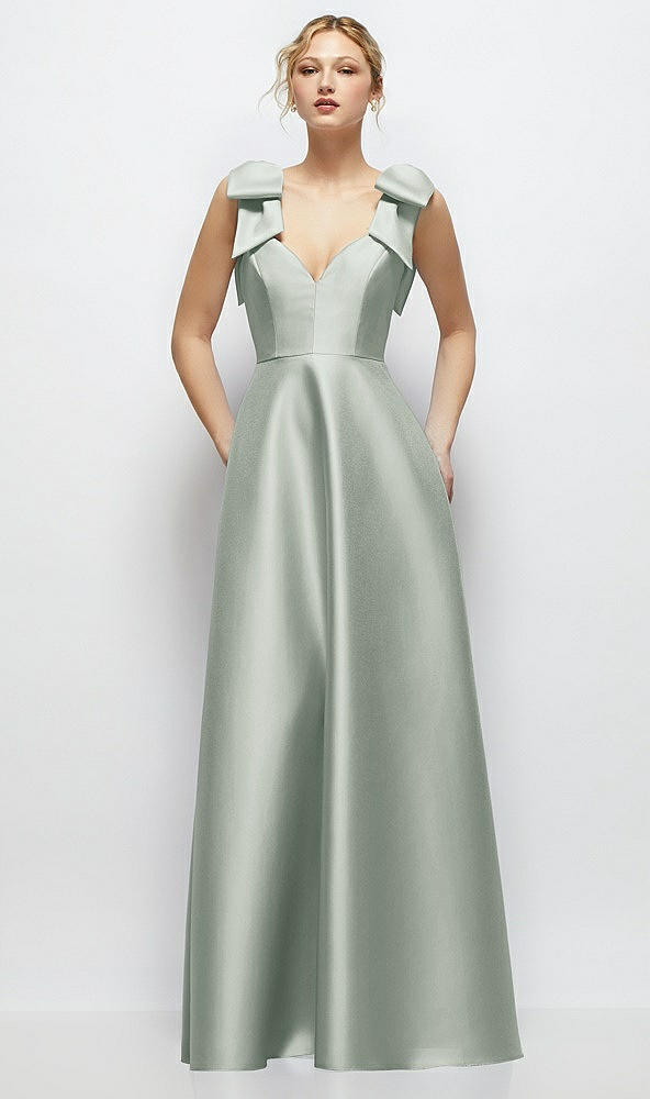 Front View - Willow Green Deep V-Neck Satin Ball Gown with Shoulder Bows