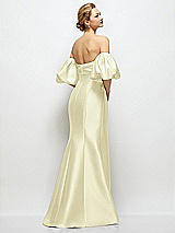 Rear View Thumbnail - Butter Yellow Off-the-Shoulder Puff Sleeve Satin Maxi Dress with Flared Skirt