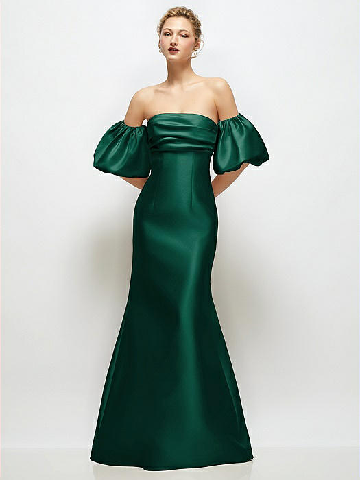 Off-the-Shoulder Puff Sleeve Satin Maxi Dress with Flared Skirt