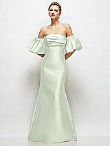 Front View Thumbnail - Mint Green Off-the-Shoulder Puff Sleeve Satin Maxi Dress with Flared Skirt