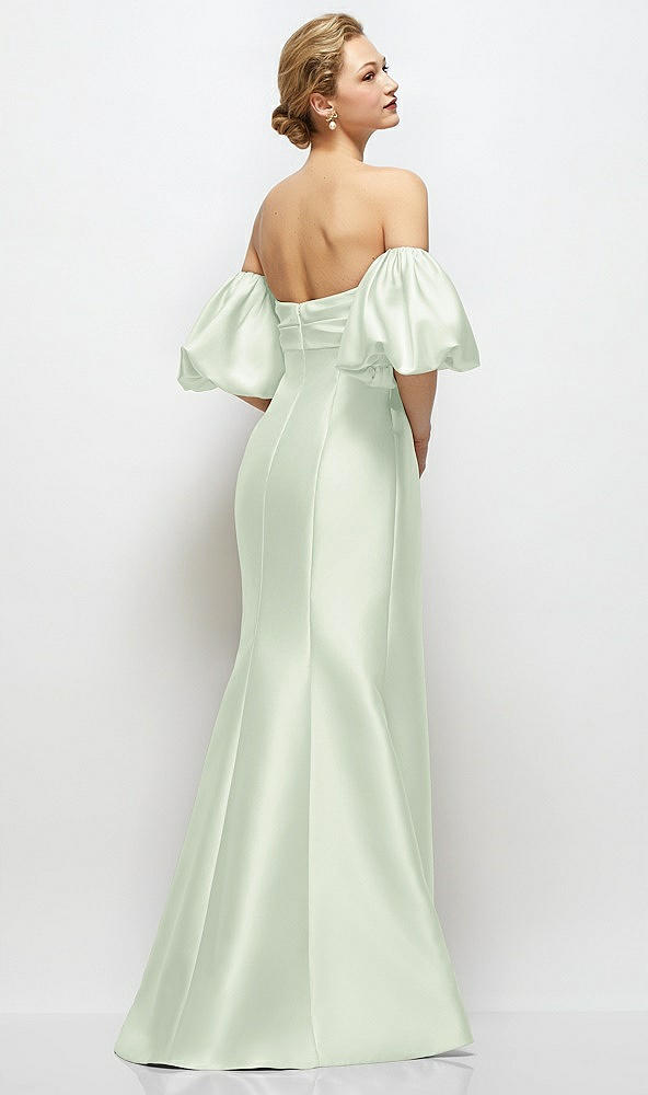 Back View - Mint Green Off-the-Shoulder Puff Sleeve Satin Maxi Dress with Flared Skirt