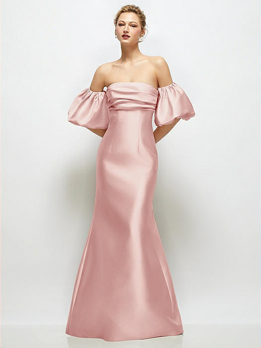 Off-the-Shoulder Puff Sleeve Satin Maxi Dress with Flared Skirt