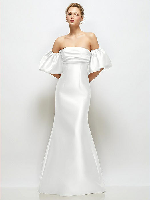 Off-the-Shoulder Puff Sleeve Satin Maxi Dress with Flared Skirt