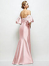 Rear View Thumbnail - Ballet Pink Off-the-Shoulder Puff Sleeve Satin Maxi Dress with Flared Skirt
