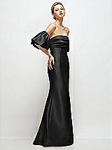 Side View Thumbnail - Black Off-the-Shoulder Puff Sleeve Satin Maxi Dress with Flared Skirt