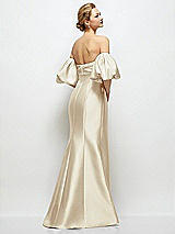 Rear View Thumbnail - Champagne Off-the-Shoulder Puff Sleeve Satin Maxi Dress with Flared Skirt