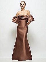 Front View Thumbnail - Cognac Off-the-Shoulder Puff Sleeve Satin Maxi Dress with Flared Skirt
