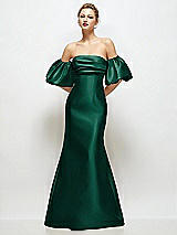 Front View Thumbnail - Hunter Green Off-the-Shoulder Puff Sleeve Satin Maxi Dress with Flared Skirt