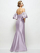 Rear View Thumbnail - Lilac Haze Off-the-Shoulder Puff Sleeve Satin Maxi Dress with Flared Skirt